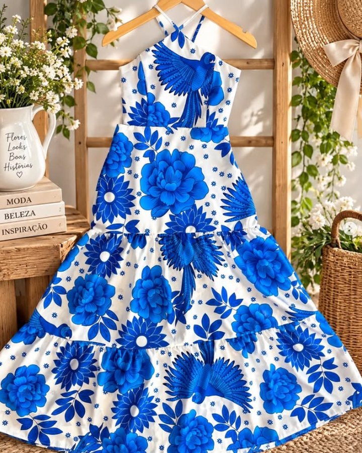 Vestido longo com estampa floral azul, foto de corpo inteiro